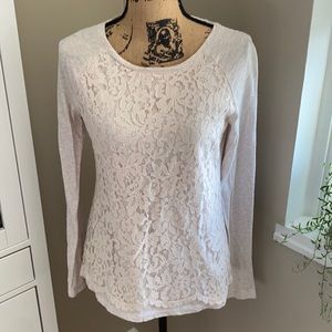 LOFT Light Oatmeal Lace Front Long Sleeve Top